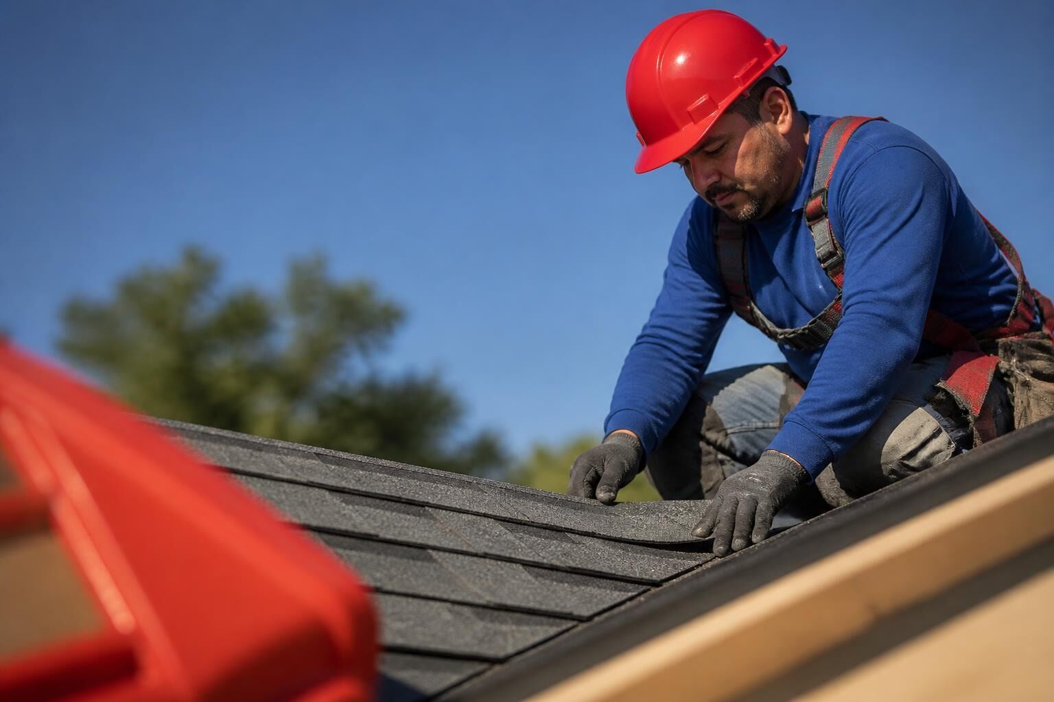 Certified roofing specialist wearing a red hard hat inspecting shingles on a residential roof, highlighting