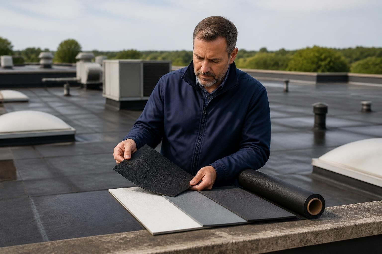Man inspecting roofing materials on a commercial roof, likely assessing options for roof replacement services