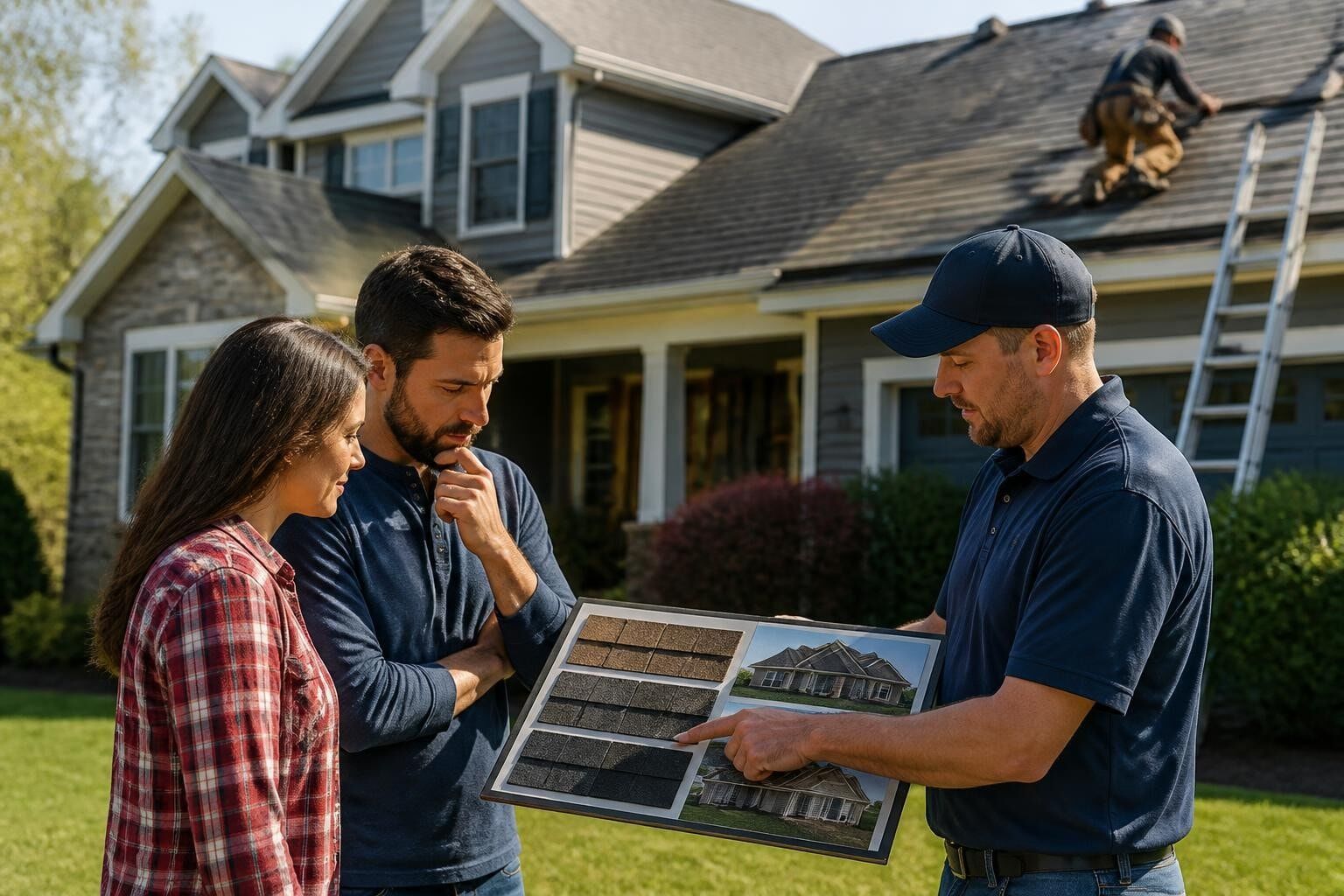 Homeowners consult with a roofing contractor about shingle options for their roof replacement, showcasing a