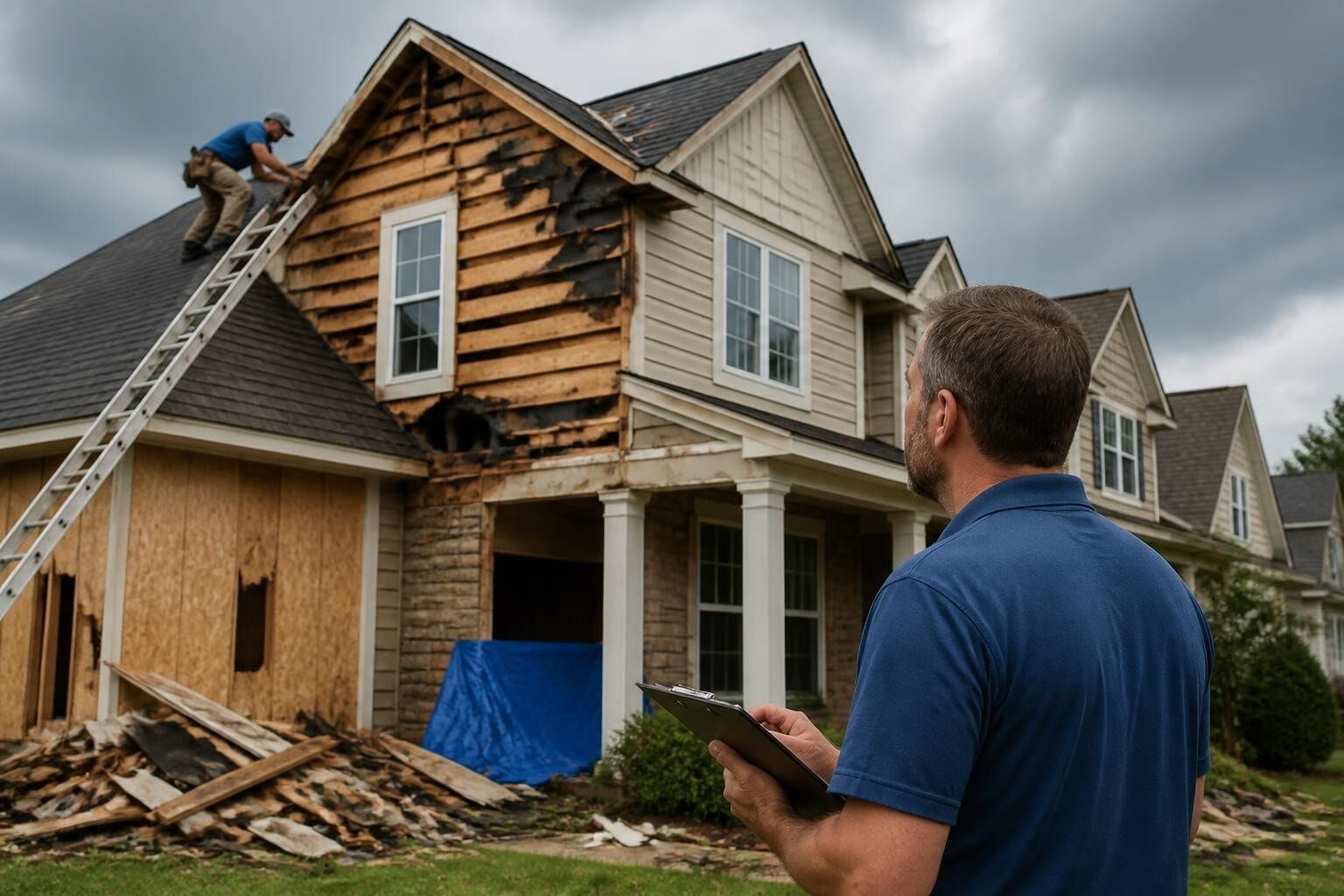 Great Roofing contractor repairs storm damaged roof in Joliet, Illinois, with a homeowner reviewing damage