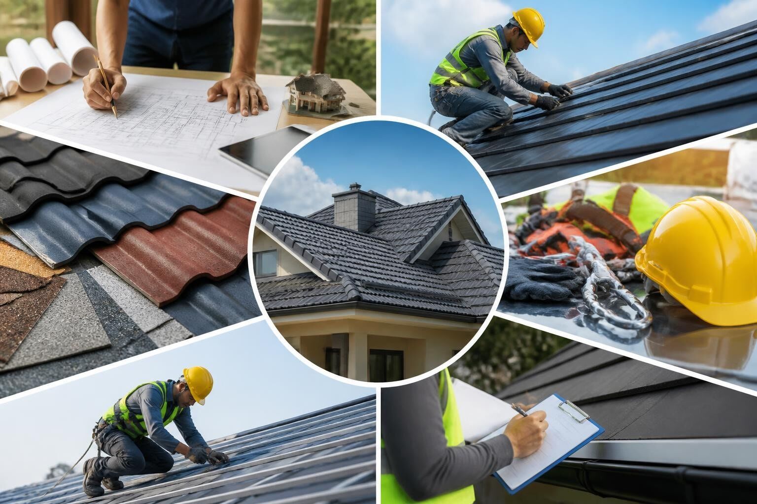 Collage showcasing roofing construction quality build practices, including roofing materials, a contractor reviewing blueprints, and