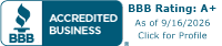 BBB Accredited Business seal for Great Roofing LLC, roofing contractor in Joliet, IL, highlighting A+ rating and commitment to quality service.